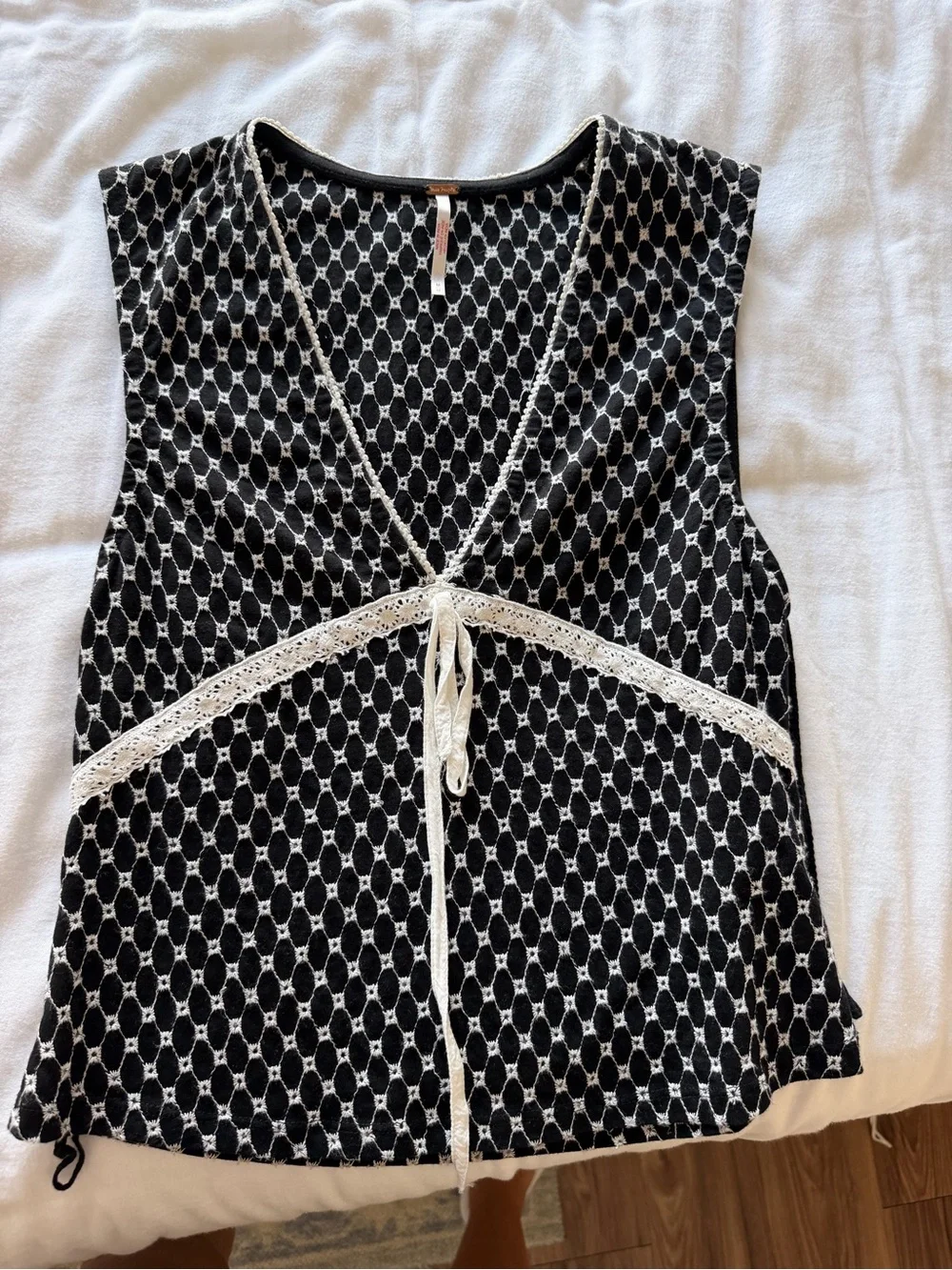 Free People Black Top with Cream Lace Trim